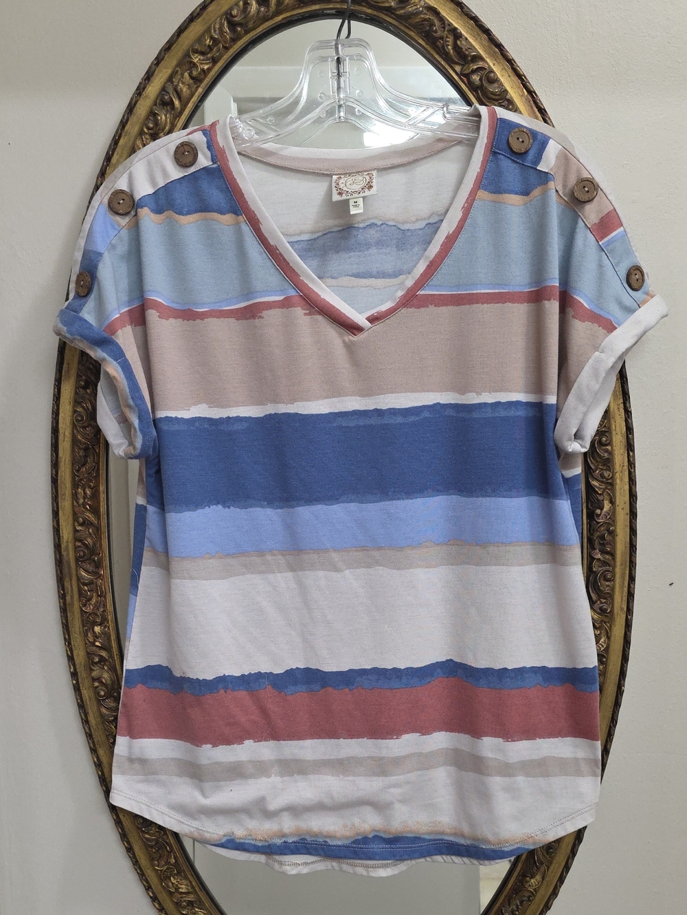 Truself Striped V-Neck Button Shoulder Women's Top - Multicolor Size M Blue